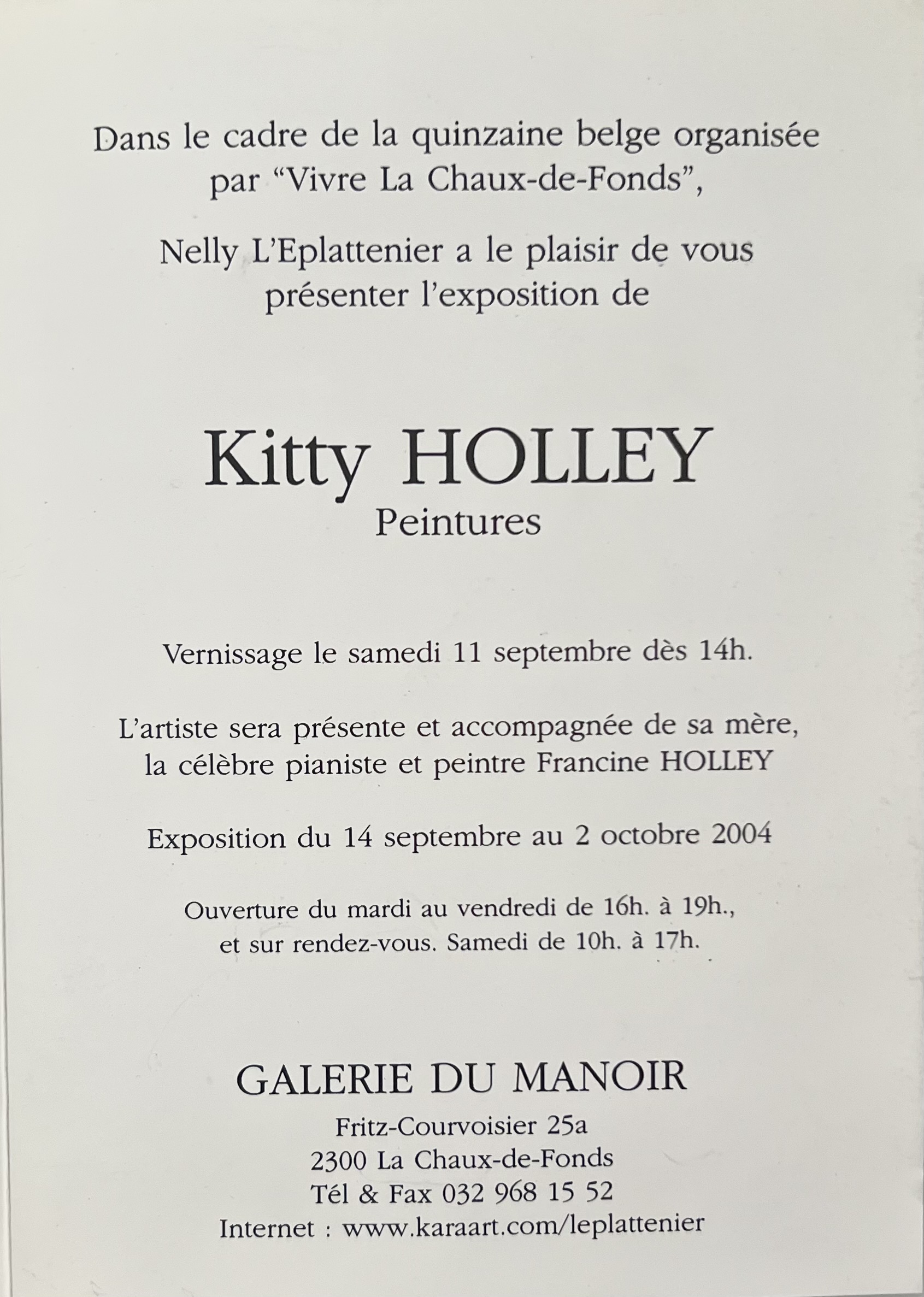 Carton d'invitation Galerie du Manoir, La Chaux-de-Fonds, 2004